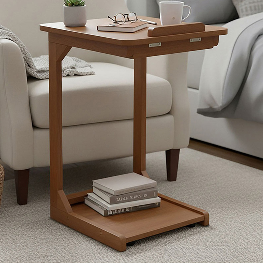 Living and Home Walnut C-Shaped Side Table with Flip-Top Storage and Wheels Image 1