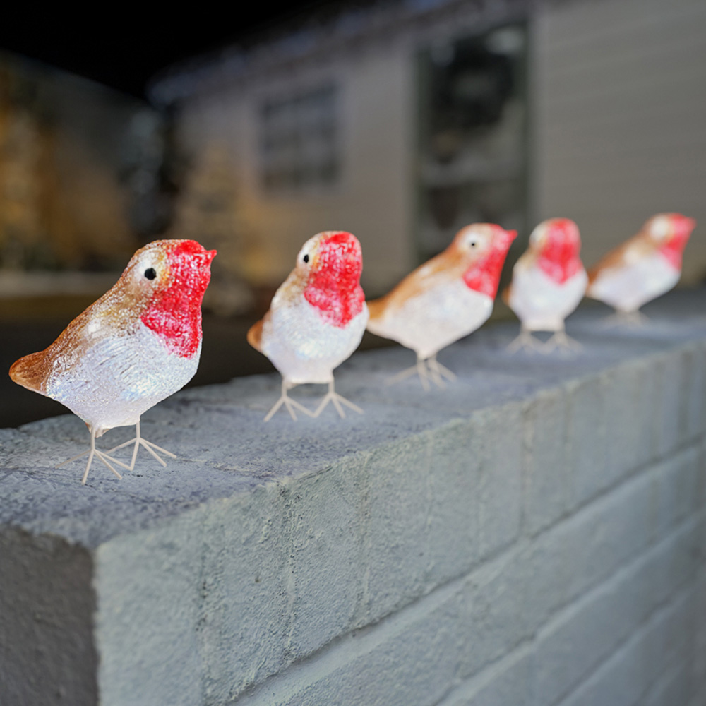 The Christmas Centre 40 Cool White LED Soft Acrylic Light-Up Robin 5 Piece Image 1