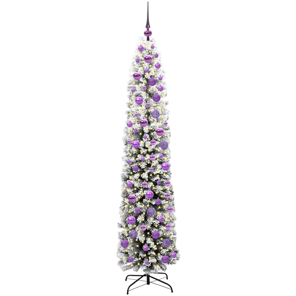 vidaXL Green Snow Flocked Artificial Christmas Tree with LEDs Lilac Decoration Ornaments 6ft Image 1