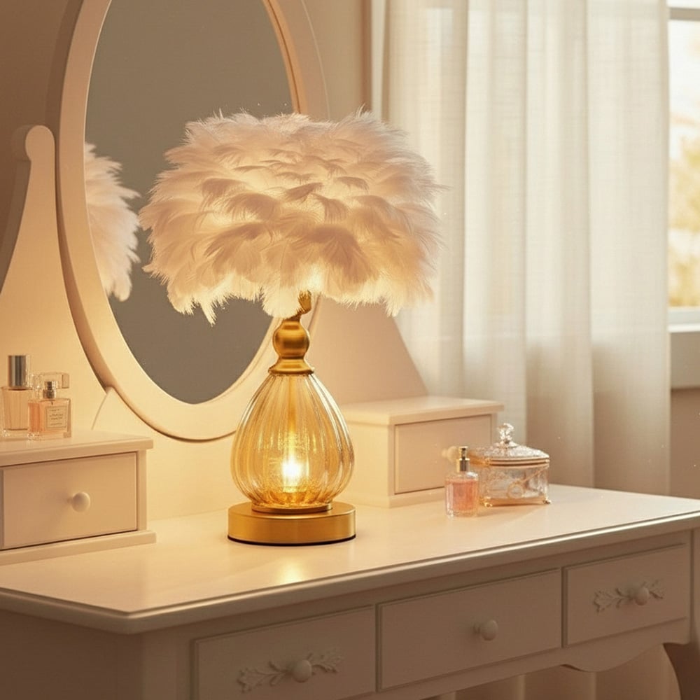 Living and Home Screw E27 Antique Bronze White Goose Feather Shade Table Lamp Image 7