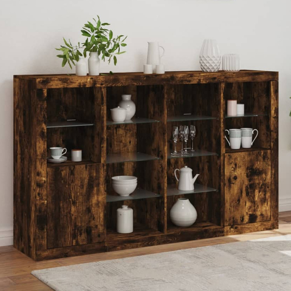 vidaXL 2 Door 12 Shelf Smoked Oak Wide Sideboard with LED Lights 3 Piece Image 1