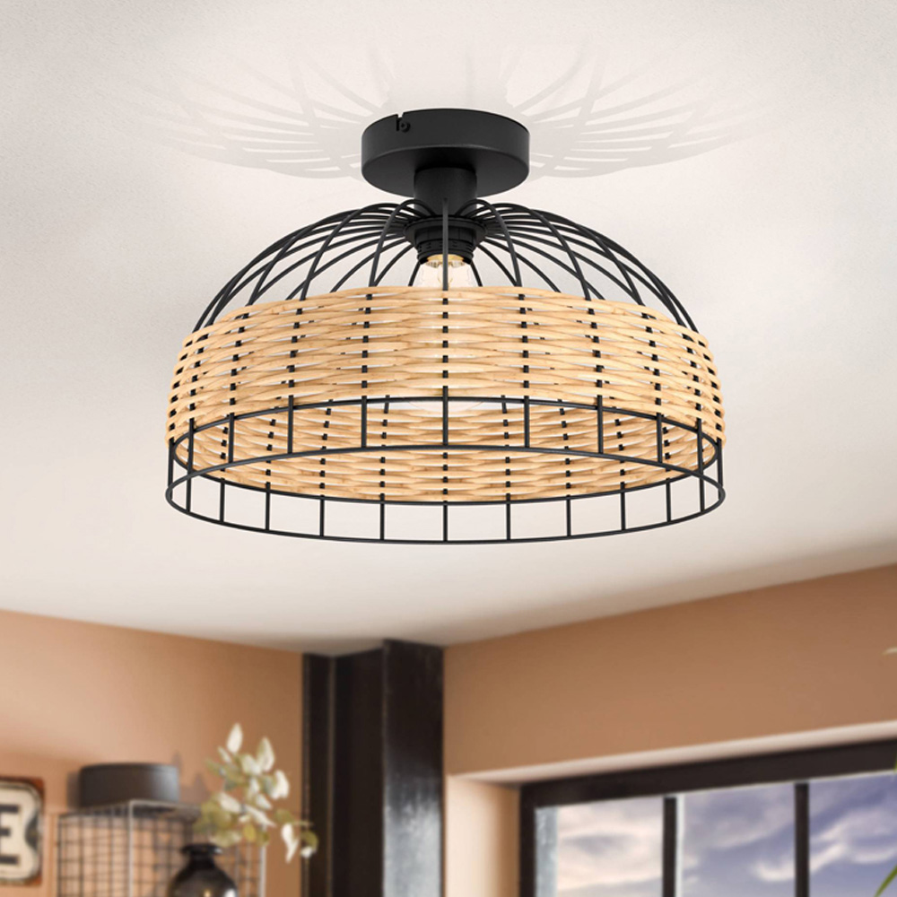 EGLO Anwick Black and Rattan Ceiling Light Image 2