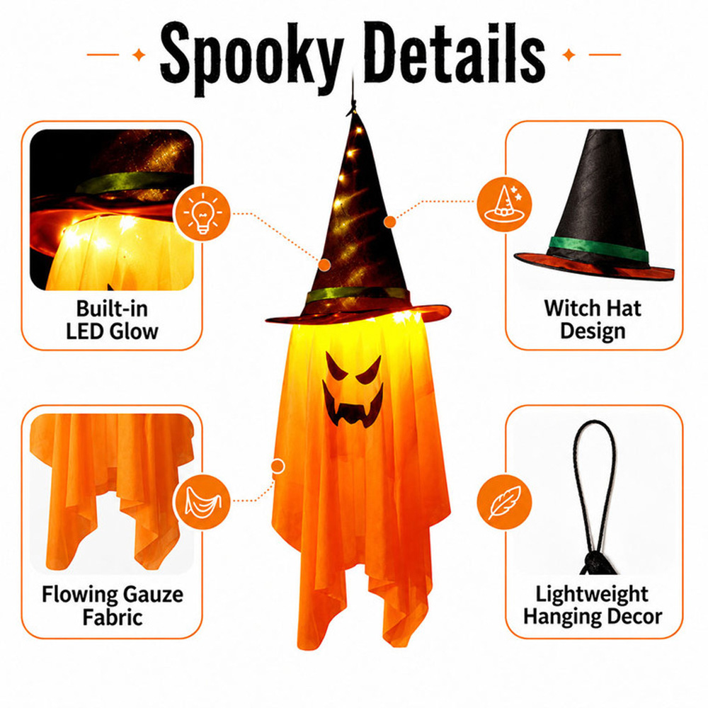 Lovii Warm White LED Orange Witch Hat Hanging Ghost Light Up Halloween Decoration Image 2