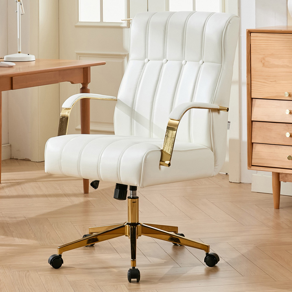 Living and Home Beige PU Leather Vertical Tufting Height Adjustable Swivel Office Chair Image 1