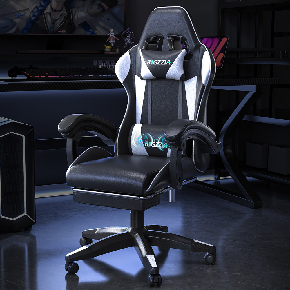 Rattrix White Reclining Gaming Chair with Massage Lumbar Cushion and Footrest Image 1