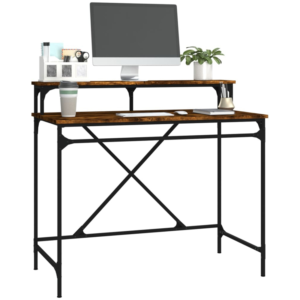 vidaXL Single Shelf Industrial Style Computer Desk Smoked Oak Image 3