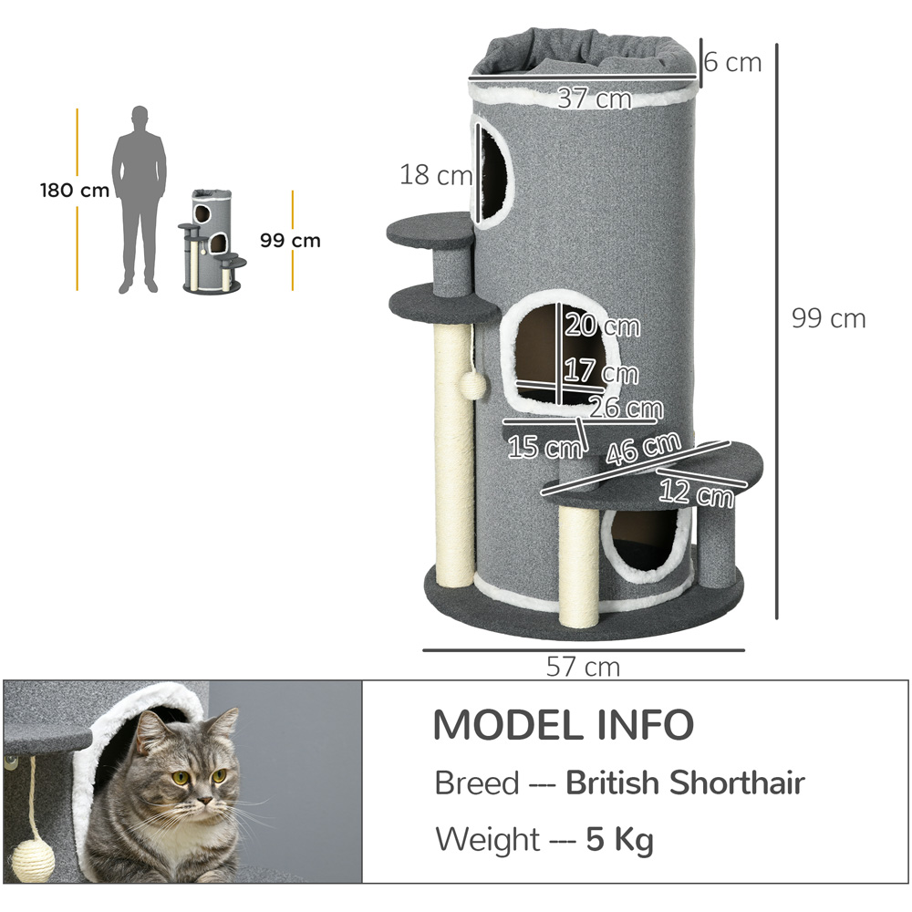 PawHut Barrel-Shaped Grey Indoor Cat Tree with Sisal Scratching Posts Image 7