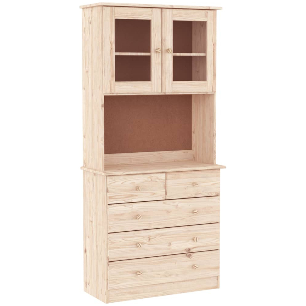 vidaXL 2 Glass Door 5 Drawer Single Shelf Natural Solid Pine Wood Highboard Image 2