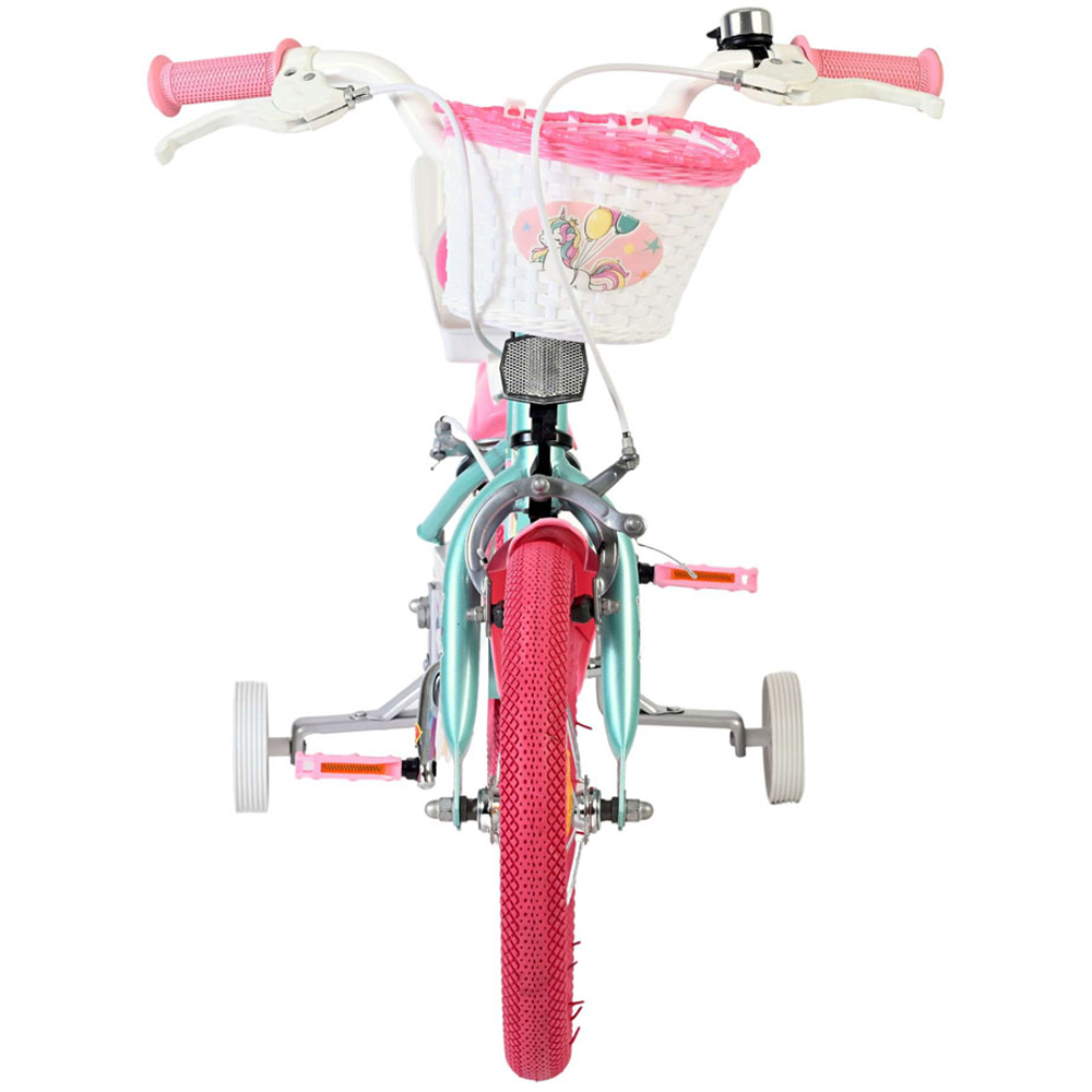 Volare Unicorn Kids 14 inch Green and Pink Bike with Stabilisers Doll Seat and Basket Image 3