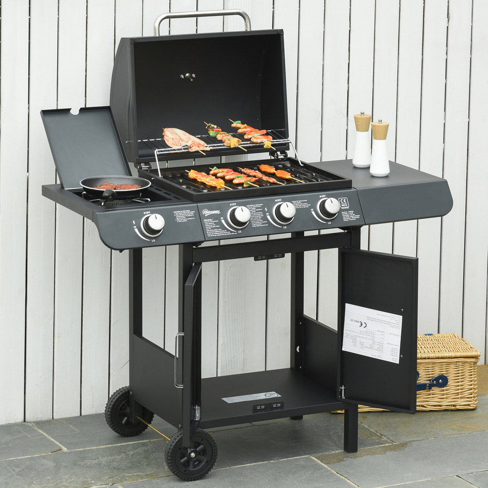 Outsunny Black 3 + 1 Deluxe Gas Burner BBQ Grill Image 2