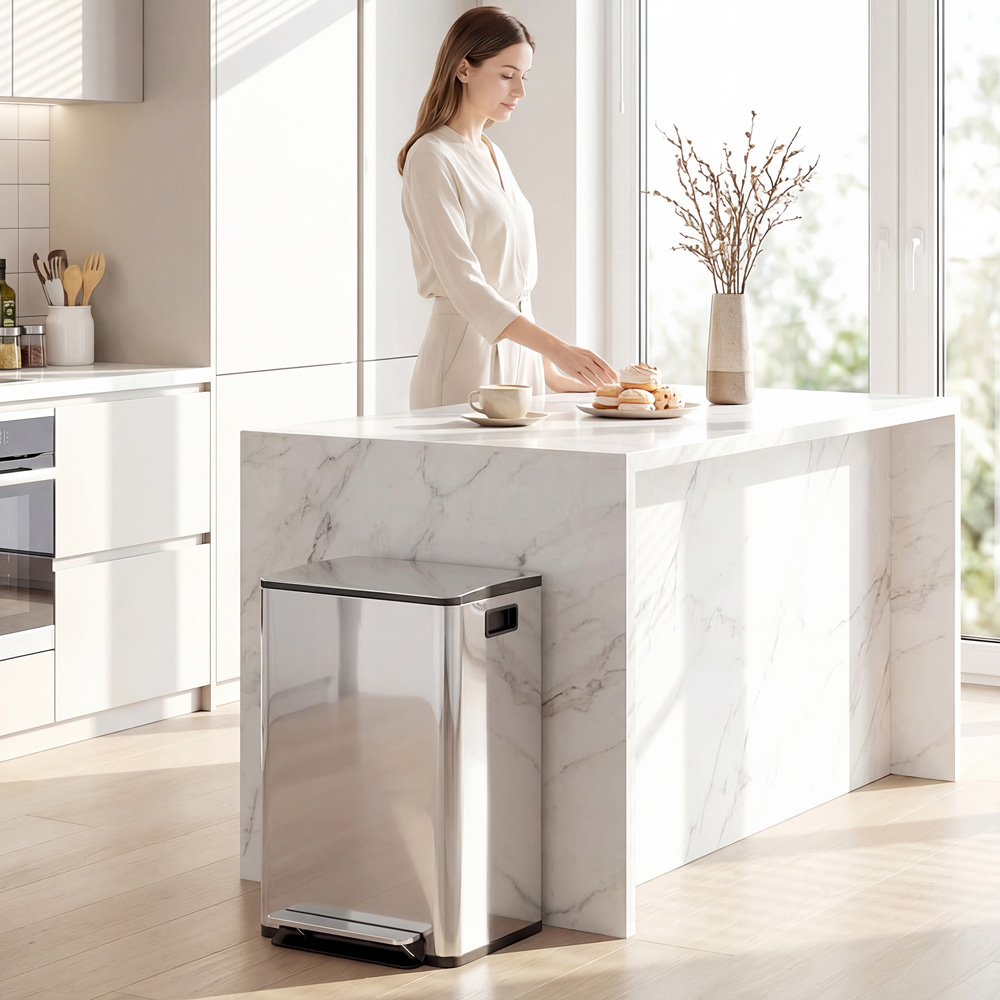 HOMCOM 40L Silver Tone Double Kitchen Pedal Bin with Soft-Close Lid Image 2