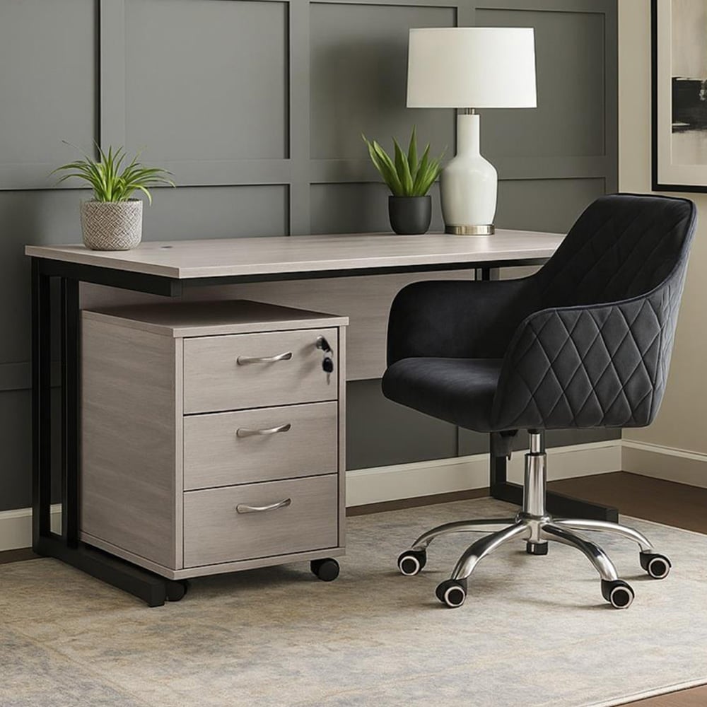 Kosy Koala Grey Wooden Office Desk with Drawer Unit and Black Chair Image 1