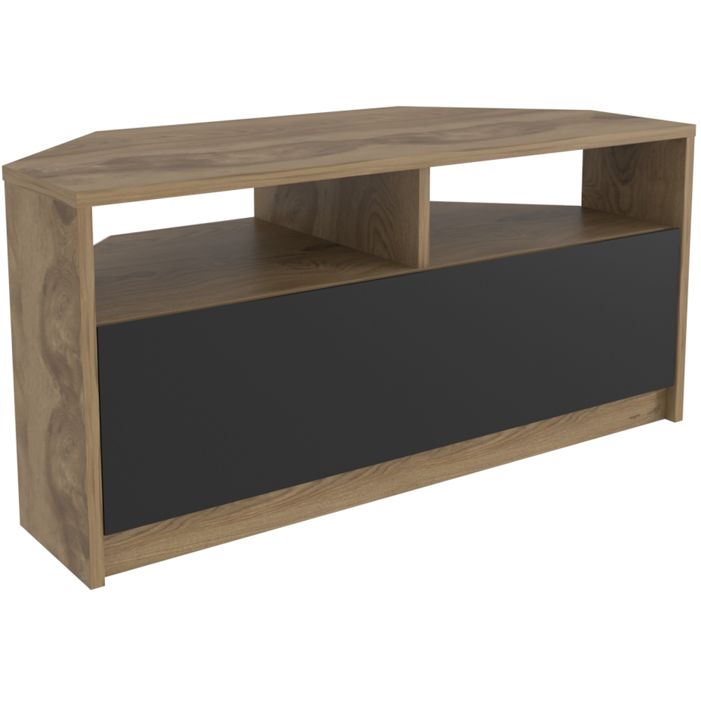 Decorotika Comero Single Door 2 Shelf Oud and Black Corner TV Unit Image 2