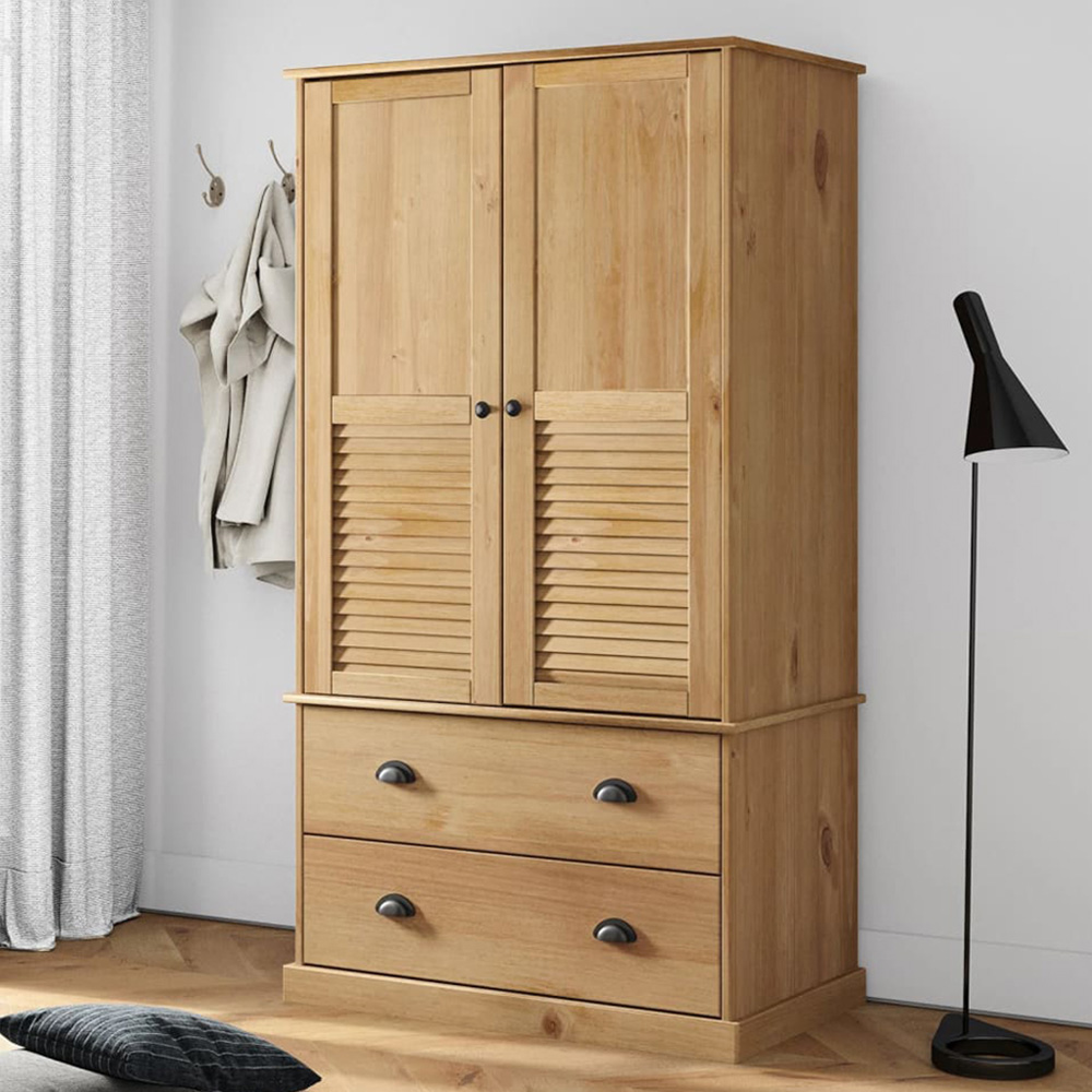 vidaXL Vigo 2 Door 2 Drawer Brown Solid Wood Pine Wardrobe Image 1