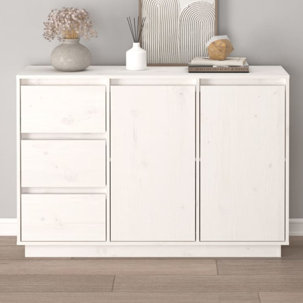 vidaXL 2 Door 3 Drawer White Solid Pine Wood Sideboard Image 1
