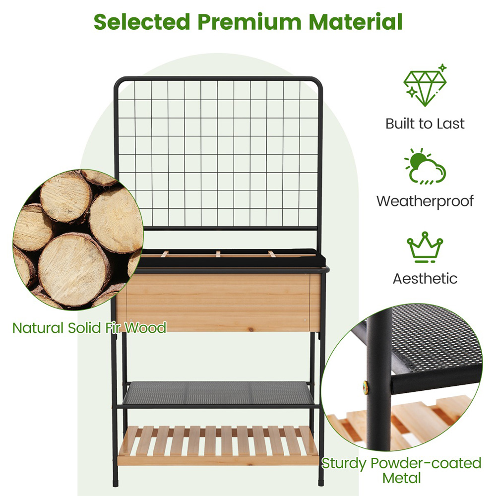 Costway 2 Tier Natural Trellis Raised Garden Bed with Storage Shelves Image 5