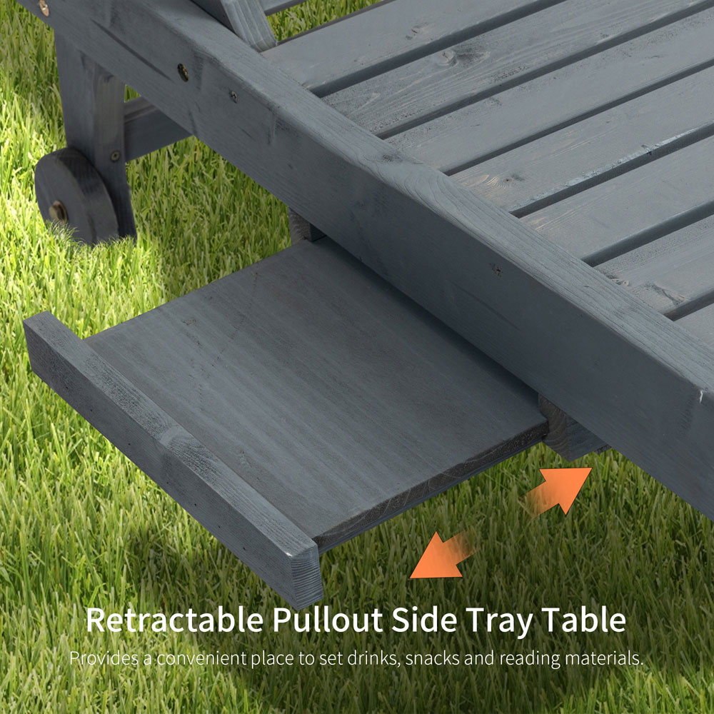 Outsunny Grey Wooden Sun Lounger with Pull Out Table Image 8