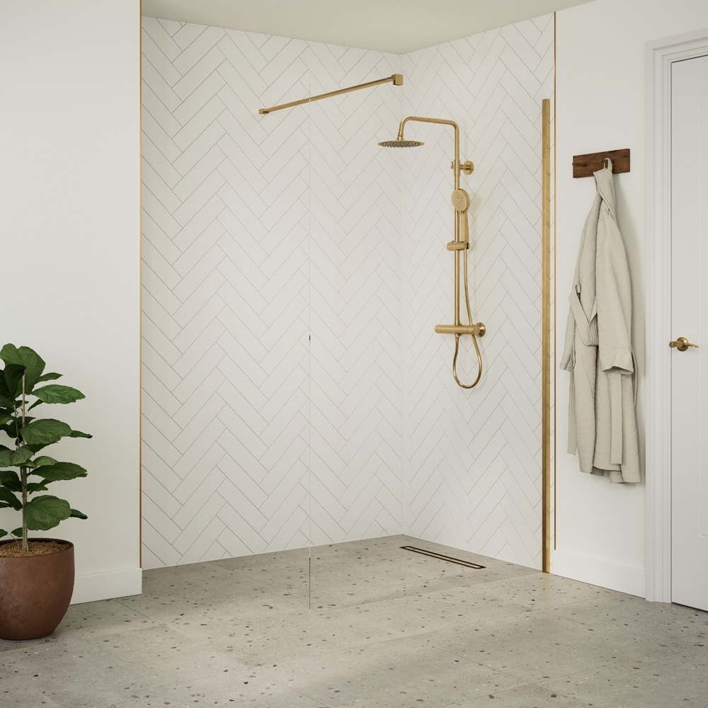 Bathstore Nero Glass Wetroom Shower Panel with Brushed Brass Profile and Front Bar 800mm Image 2