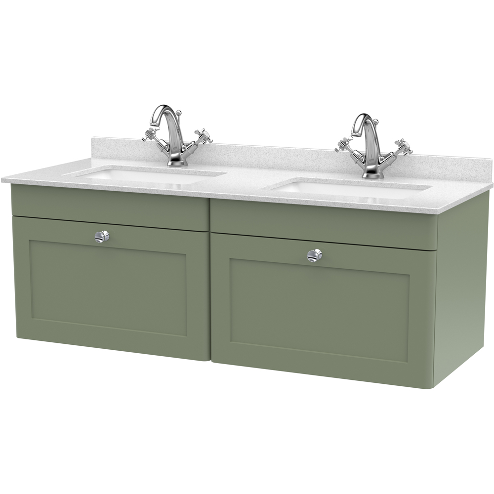 nuie Classique 2 Drawer Satin Green and White Wall Hung Unit and 1 Tap Hole Marble Basin 1200mm Image 1