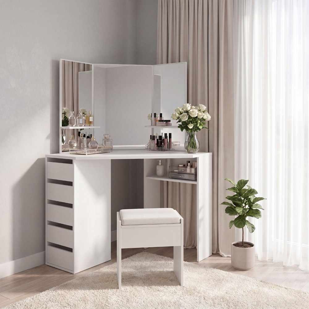 Portland 5 Drawer White Corner Dressing Table Set with Mirror Image 3