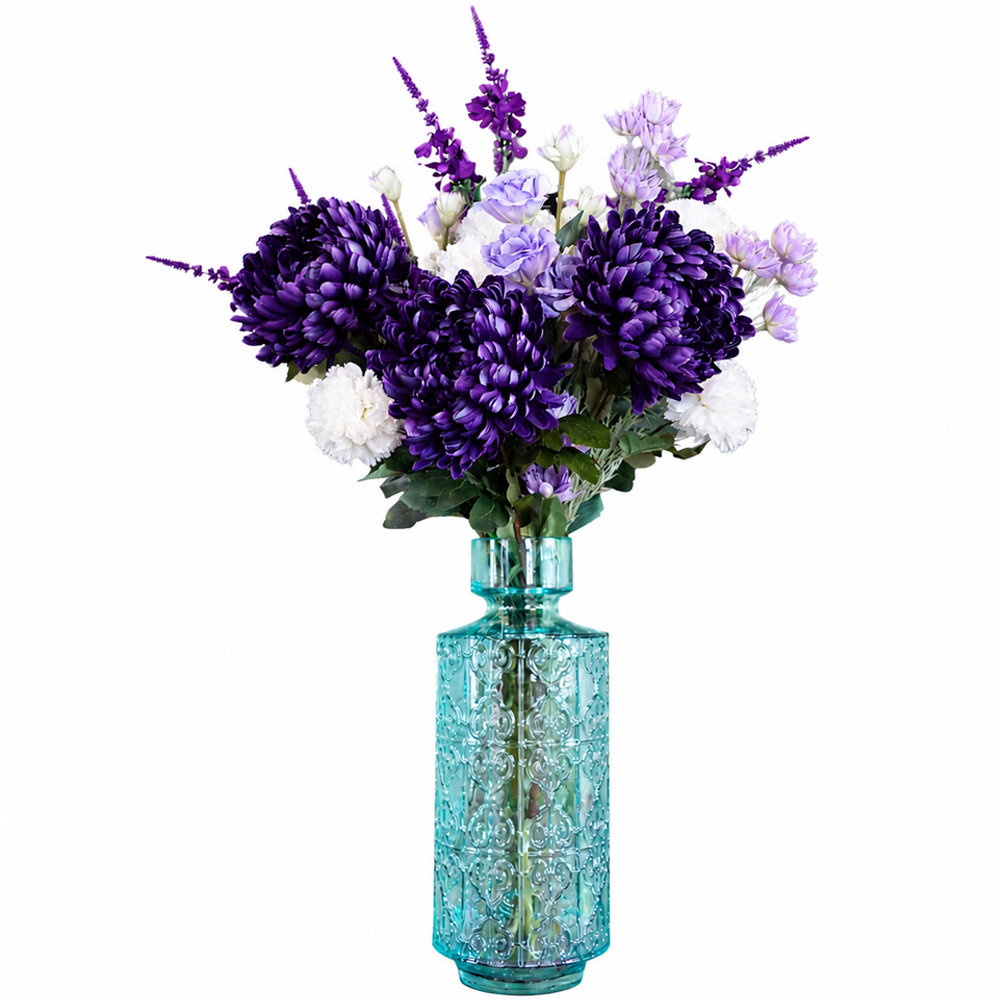 Leaf Purple Chrysanthemum Artificial Flower Bundle with Glass Vase 80cm 13 Pack Image 1