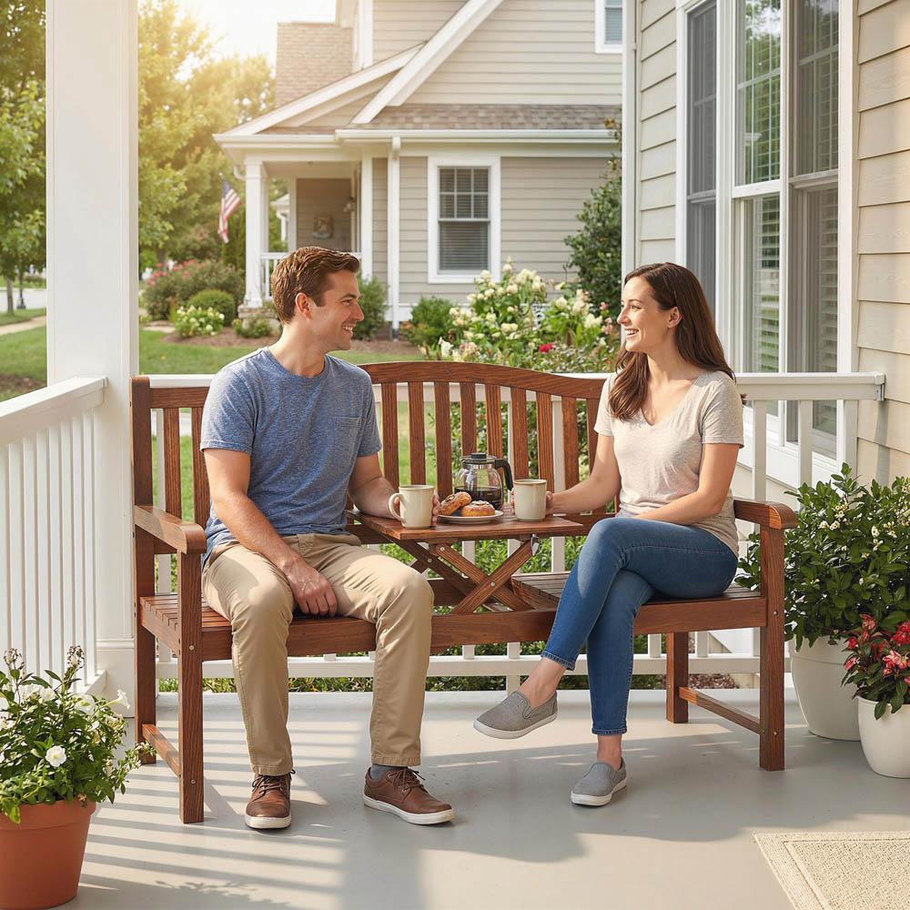 Outsunny 2 Seater Light Brown Wood Garden Loveseat Bench with Liftable Table and Cover Image 3