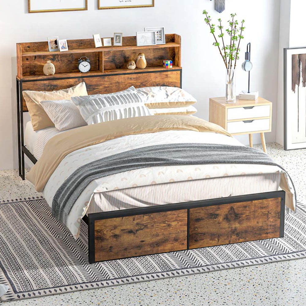 Portland Double Rustic Brown Industrial Style Steel Bed Frame with Headboard and Footboard Image 1