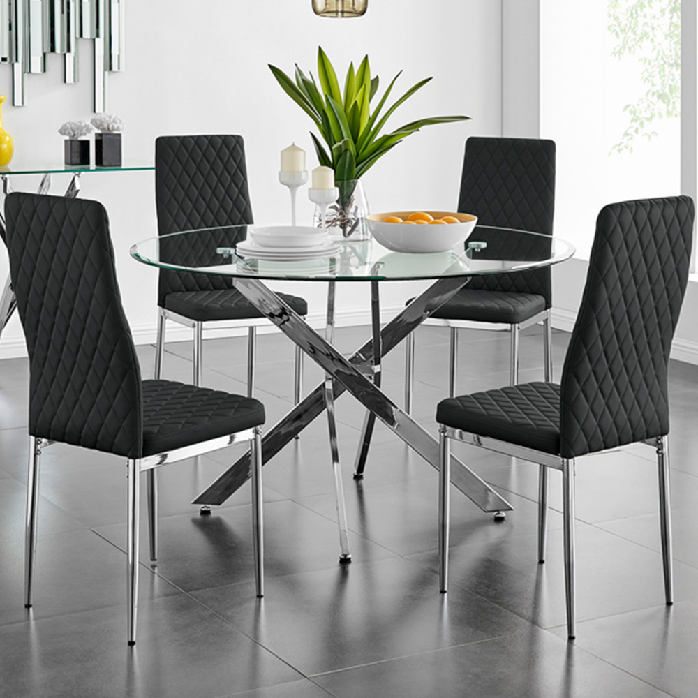 Furniturebox Arona Valera Glass 4 Seater Round Dining Set Chrome and Black Image 1