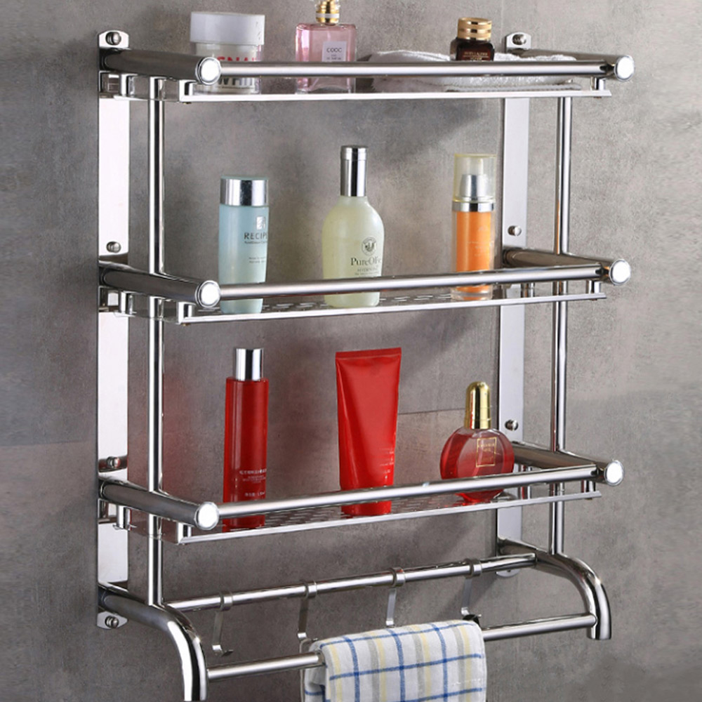 Living And Home WH0926 Silver Stainless Steel 2-Tier Bathroom Towel Rail With Hooks Image 2