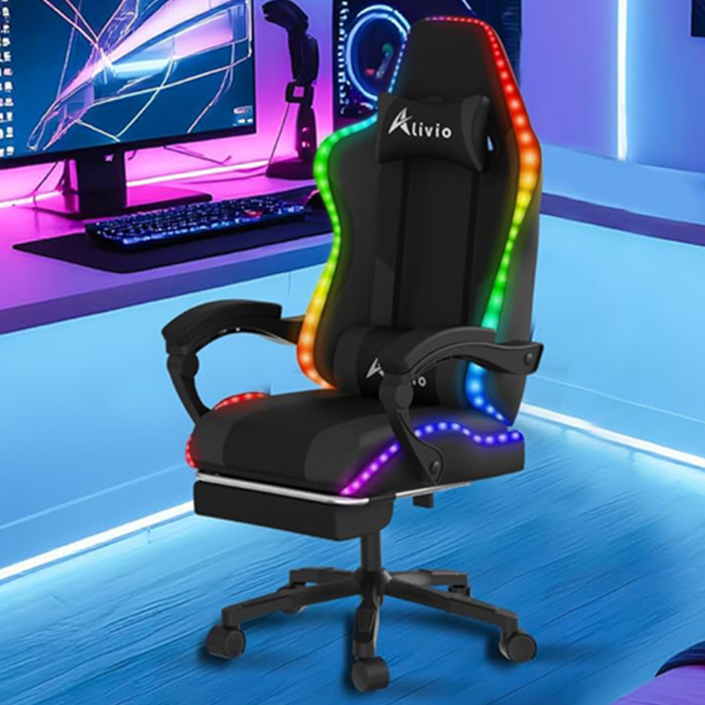 Alivio Black PU Leather Wireless App Control LED Gaming Chair with Massage Lumbar Cushion Image 1