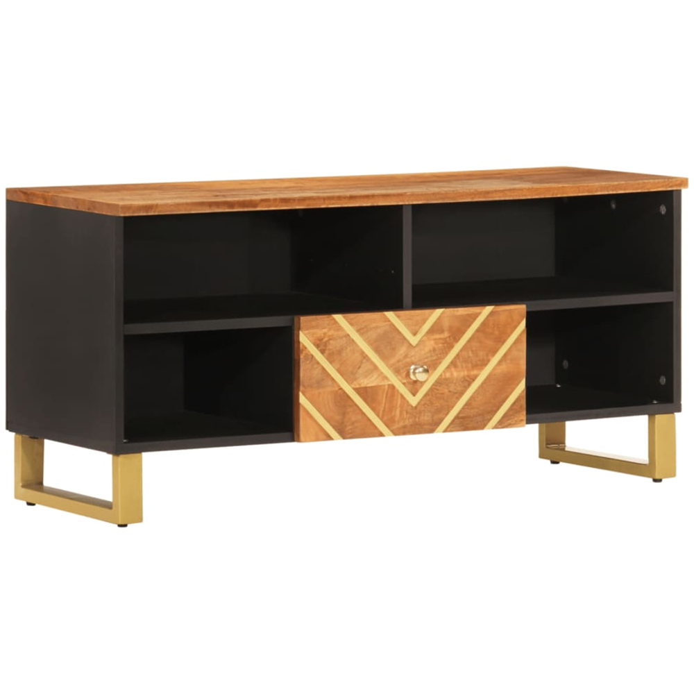 vidaXL Single Drawer 4 Shelf Brown and Black Solid Mango Wood TV Cabinet Image 2