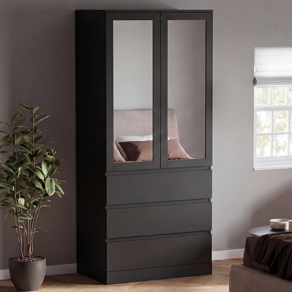 VIDA DESIGNS Denver 2 Door 3 Drawer Black Mirrored Wardrobe Image 1