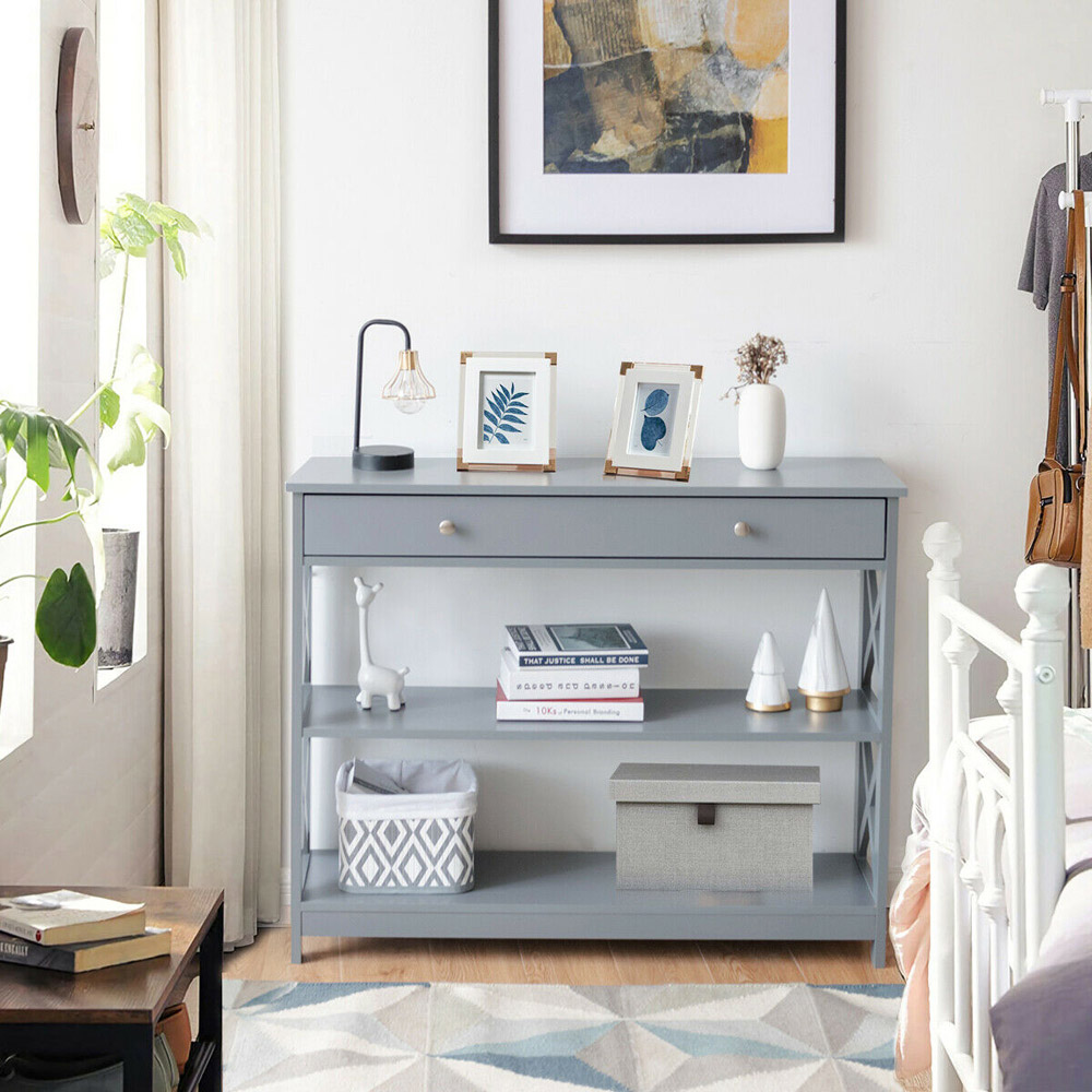 Costway Single Drawer 2 Shelf Grey Console Table Image 3