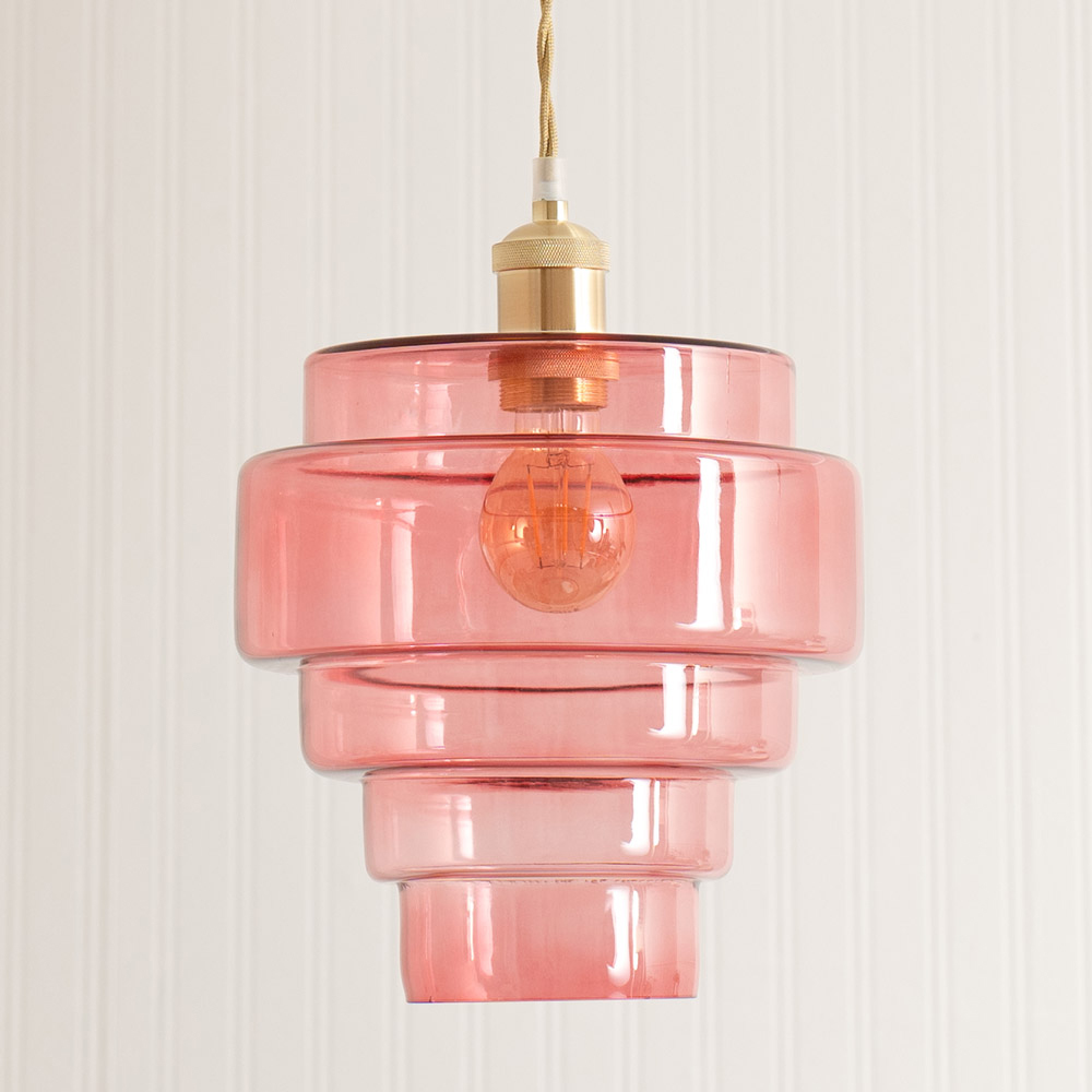 ValueLights Lane 5 Tier Pink Glass Shade Brushed Gold Single LED Ceiling Pendant Light Image 3
