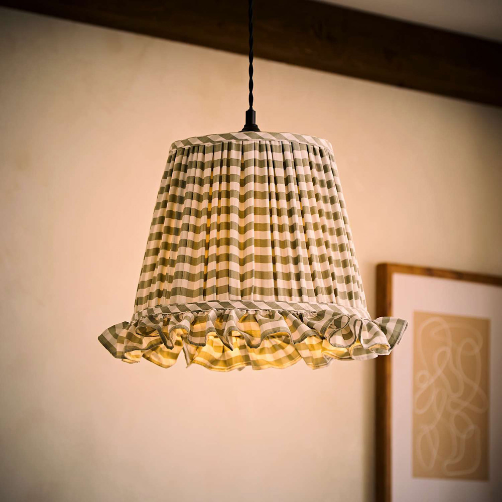 ValueLights Faye Green Check Tapered Ruffle Detail Trim Easy Fit Pendant Lamp Shade 40cm Image 2