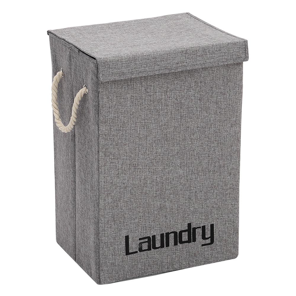 Living And Home WH0750 Grey Cotton Fabric Foldable Laundry Basket With Lid Image 1