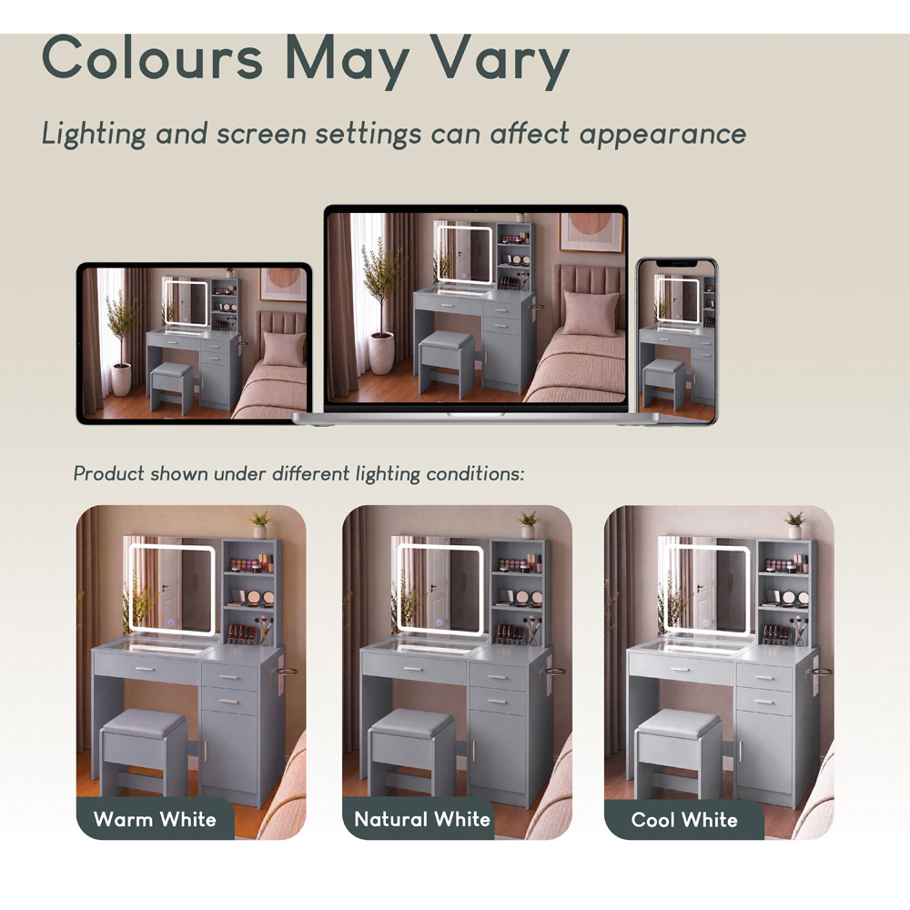 VIDA DESIGNS Clova Single Door 3 Drawer 2 Shelf Grey LED Dressing Table Set with Power Outlet Image 6