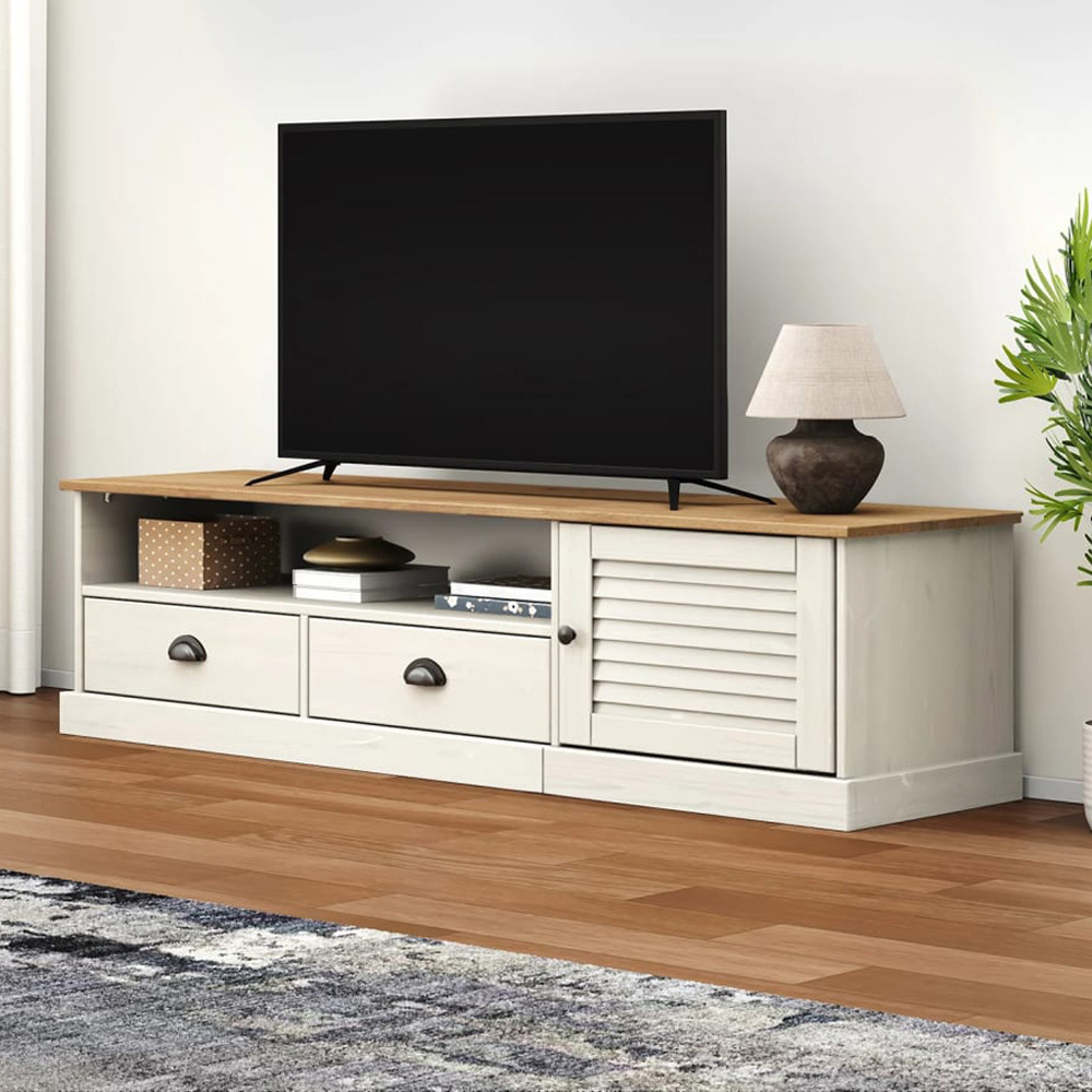 vidaXL Single Door 2 Drawer Single Shelf White Solid Pine Wood TV Cabinet Image 1