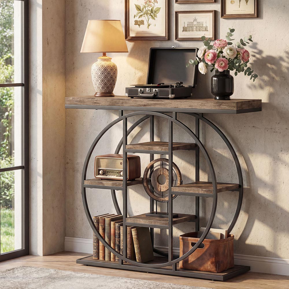 Portland 6 Shelf Rustic Brown Industrial Console Table Image 4