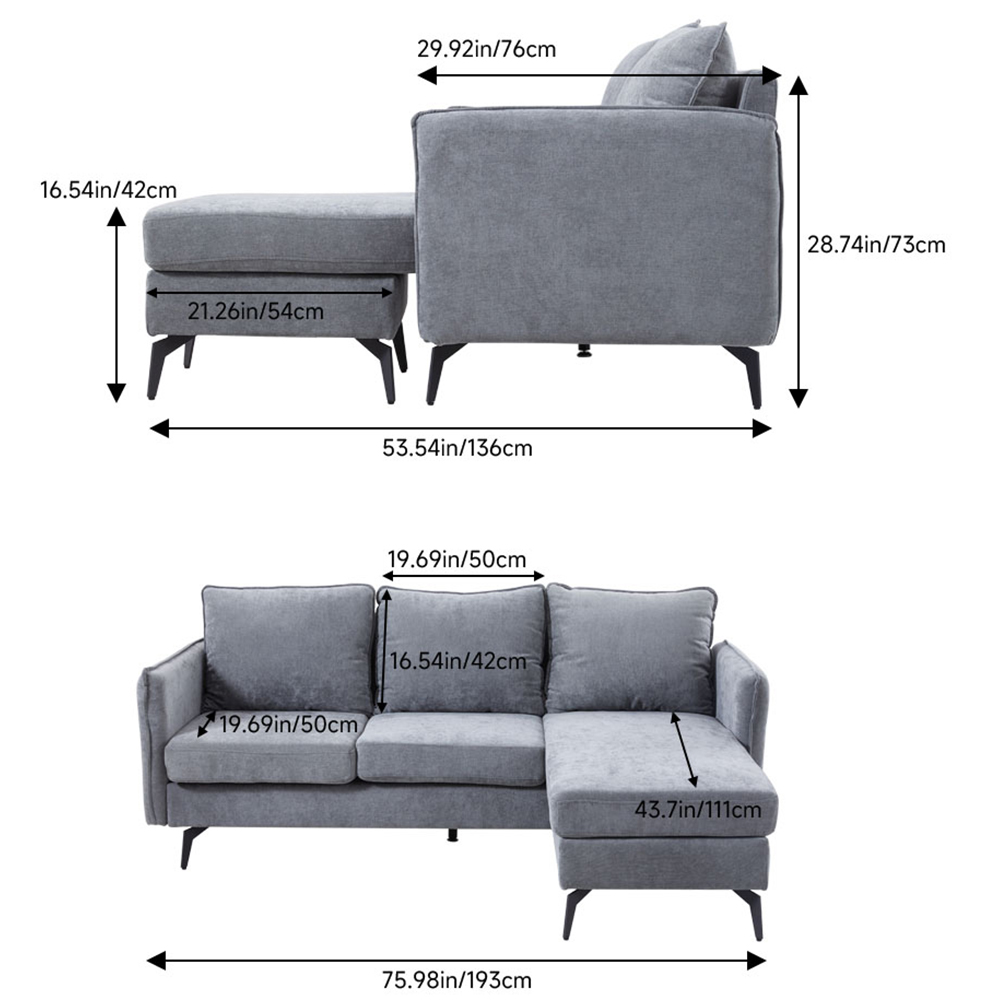 H&O Direct 3 Seater Grey Right Hand Facing Chaise Sofa Image 8