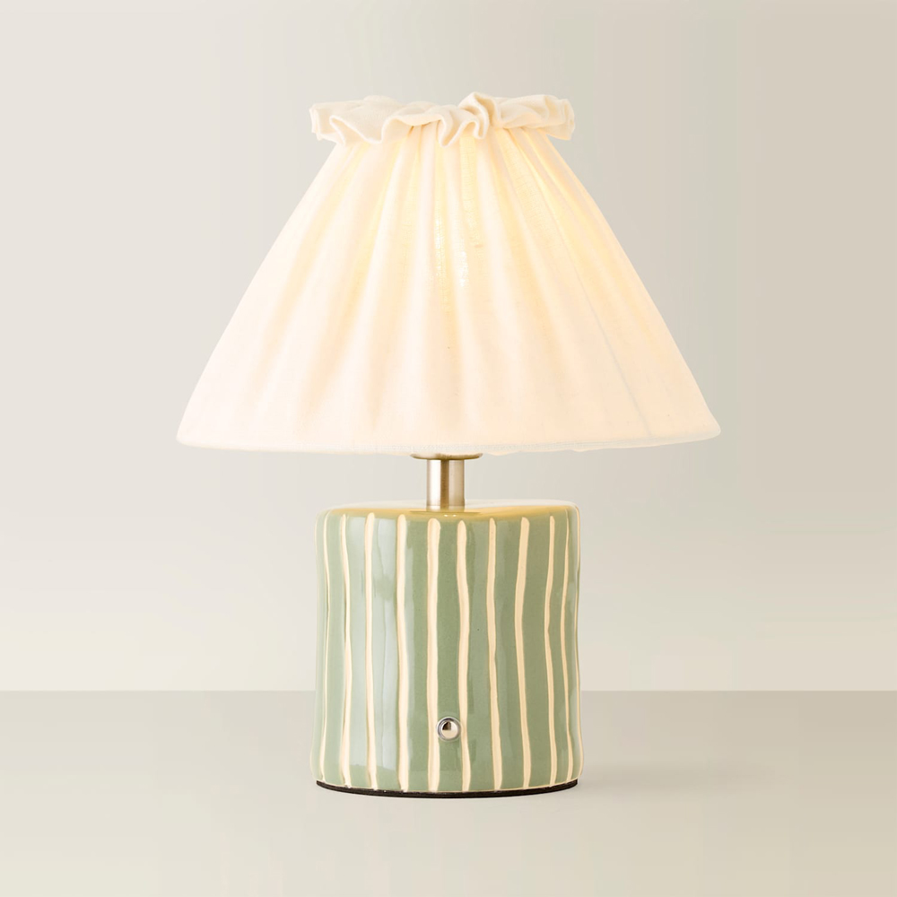 ValueLights Elma Green Stripe Linen Pleated Rechargeable Ceramic Table Lamp Image 5