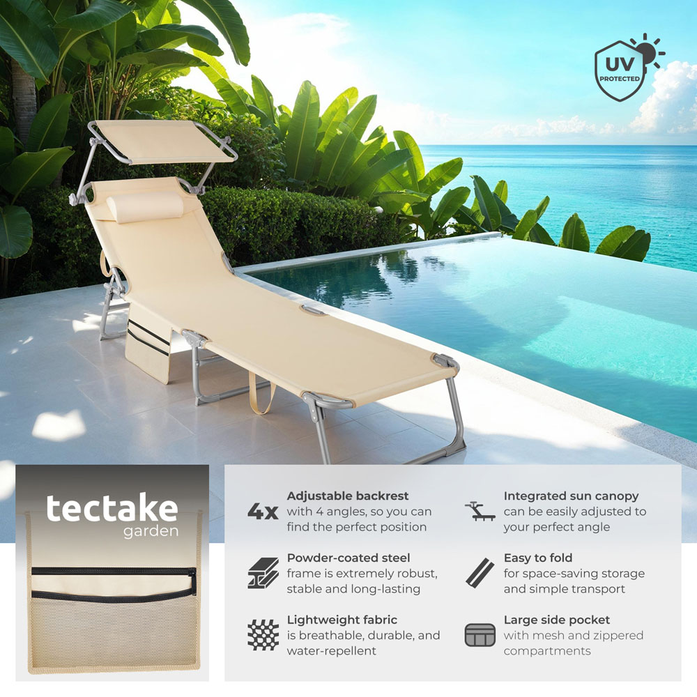 tectake Beige Foldable Sun Lounger with Sun Canopy Image 6