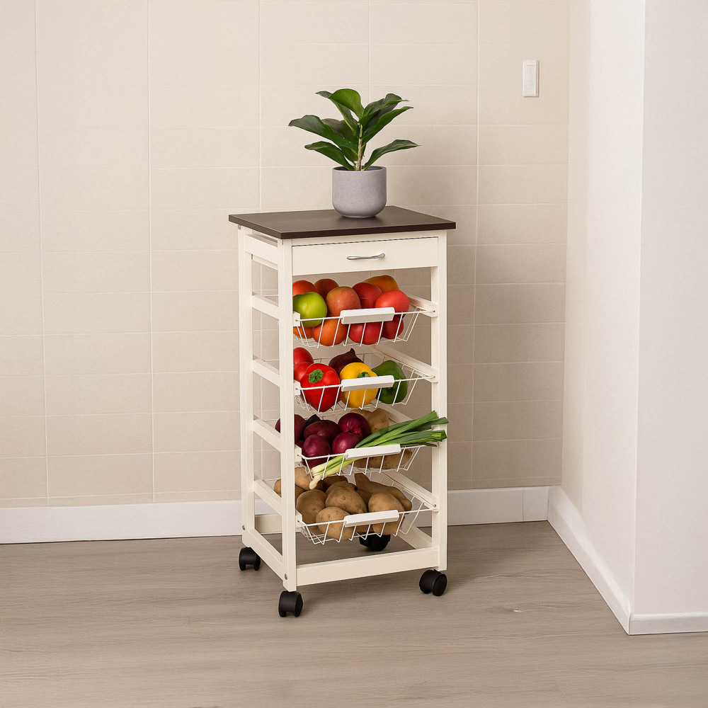 Chef Vida 4 Tier Wooden White Kitchen Trolley Image 9