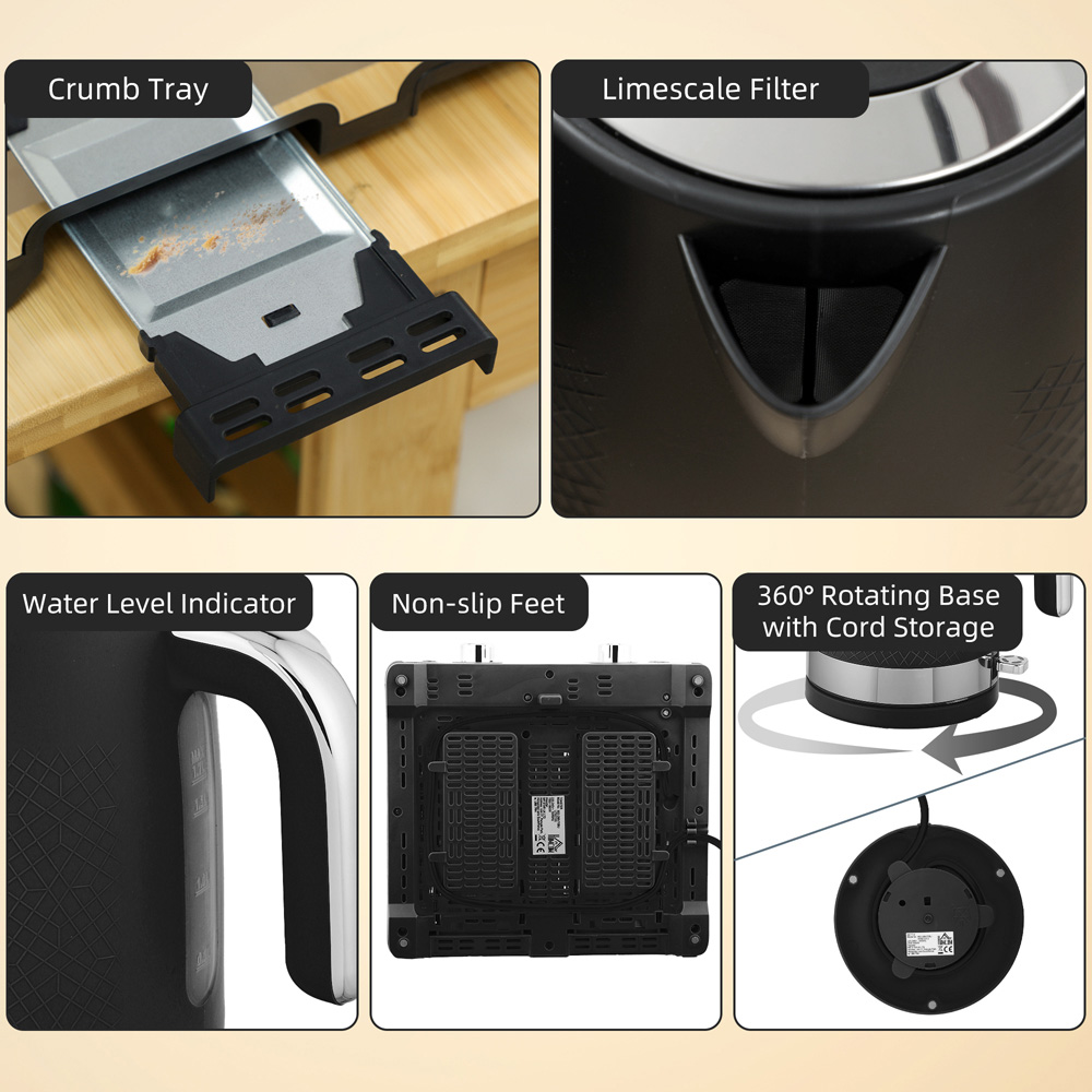 HOMCOM 800-288V70BK Black 1.7L Kettle and 4 Slice Toaster Set with Rapid Boil 3000W Image 3