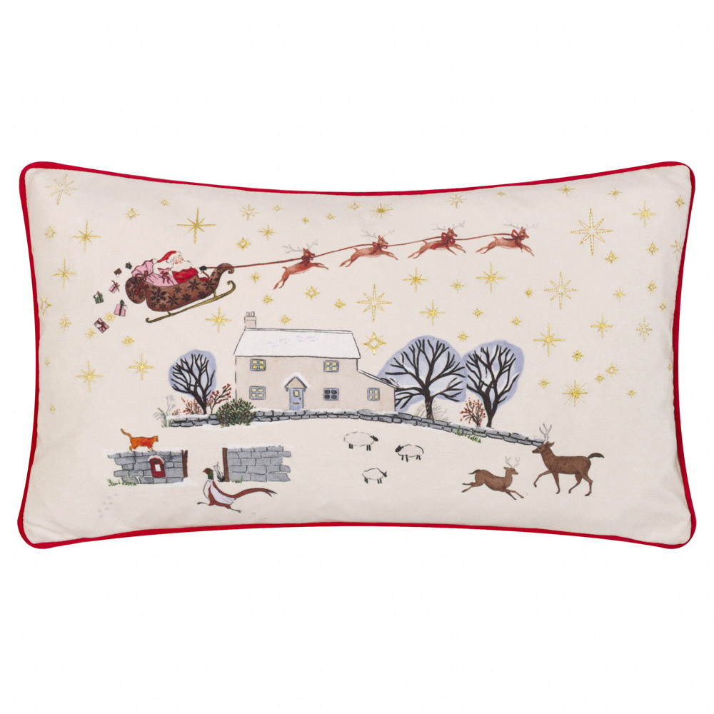 Furn Cotswold Christmas Embroidered Cream and Burgundy Velvet Cushion 30 x 50cm Image 1
