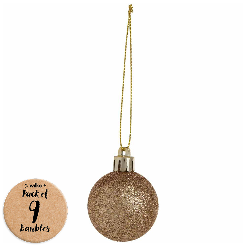 Wilko Cocktail Kisses Gold Glitter Christmas Baubles 9 Pack Image 1
