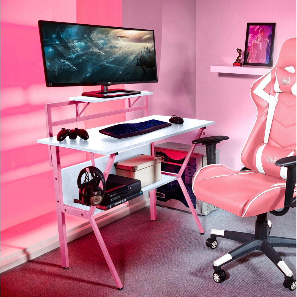 Neo Ergonomic 2 Tier Gaming Desk Pink Image 3
