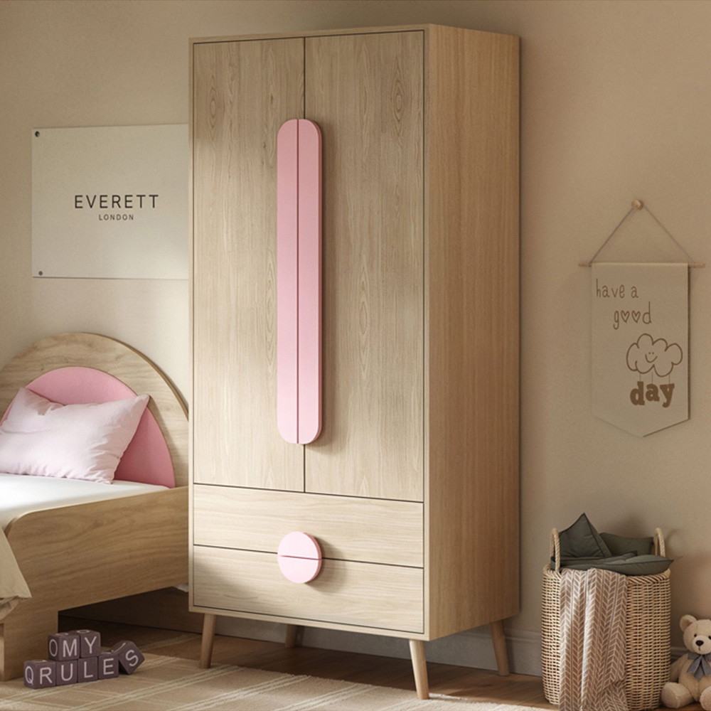 Flair Noah 2 Door 2 Drawer Oak and Pink Wardrobe Image 1