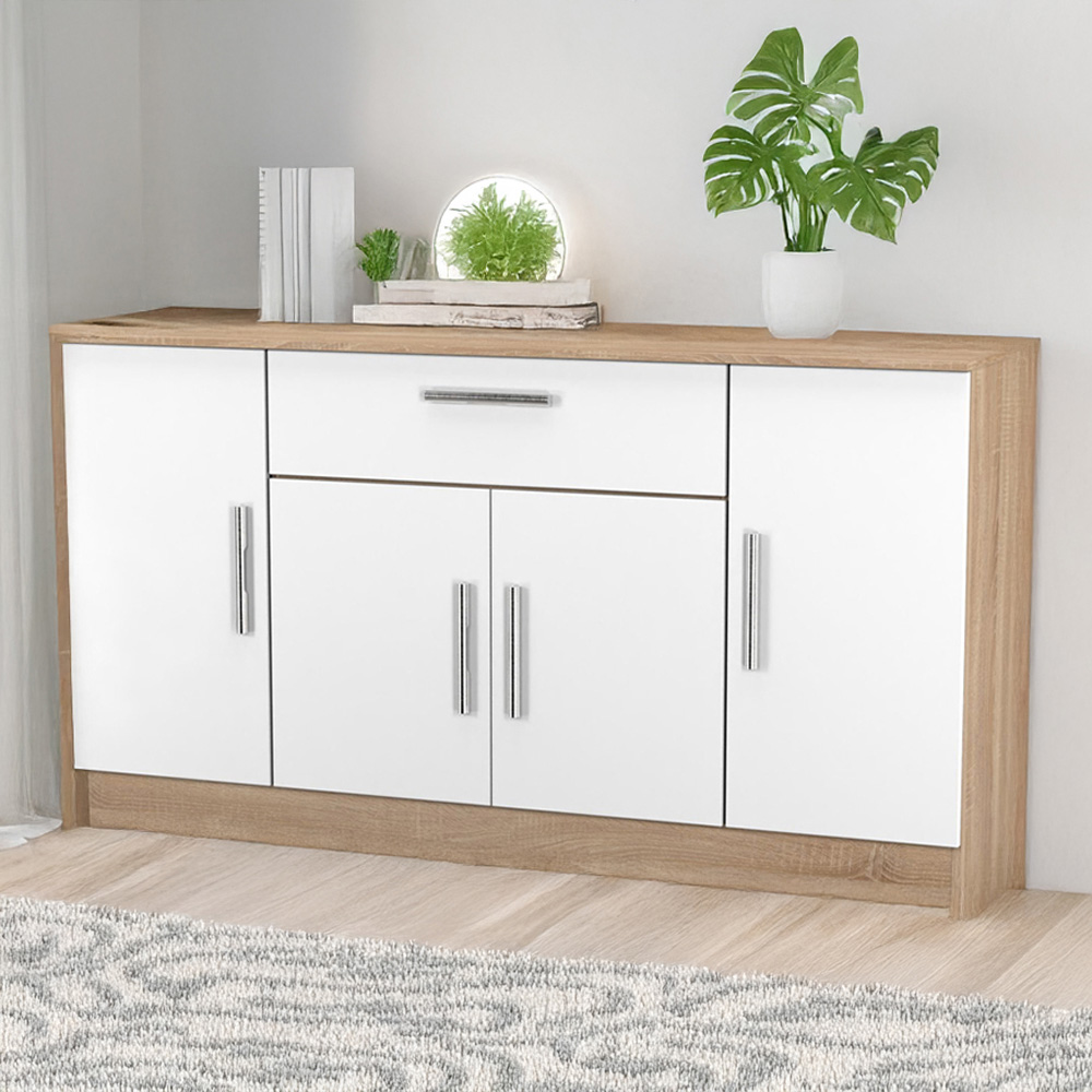 Crowndale Contrast 4 Door Single Drawer White Matt and Bardolino Oak Wide Sideboard Ready Assembled Image 1