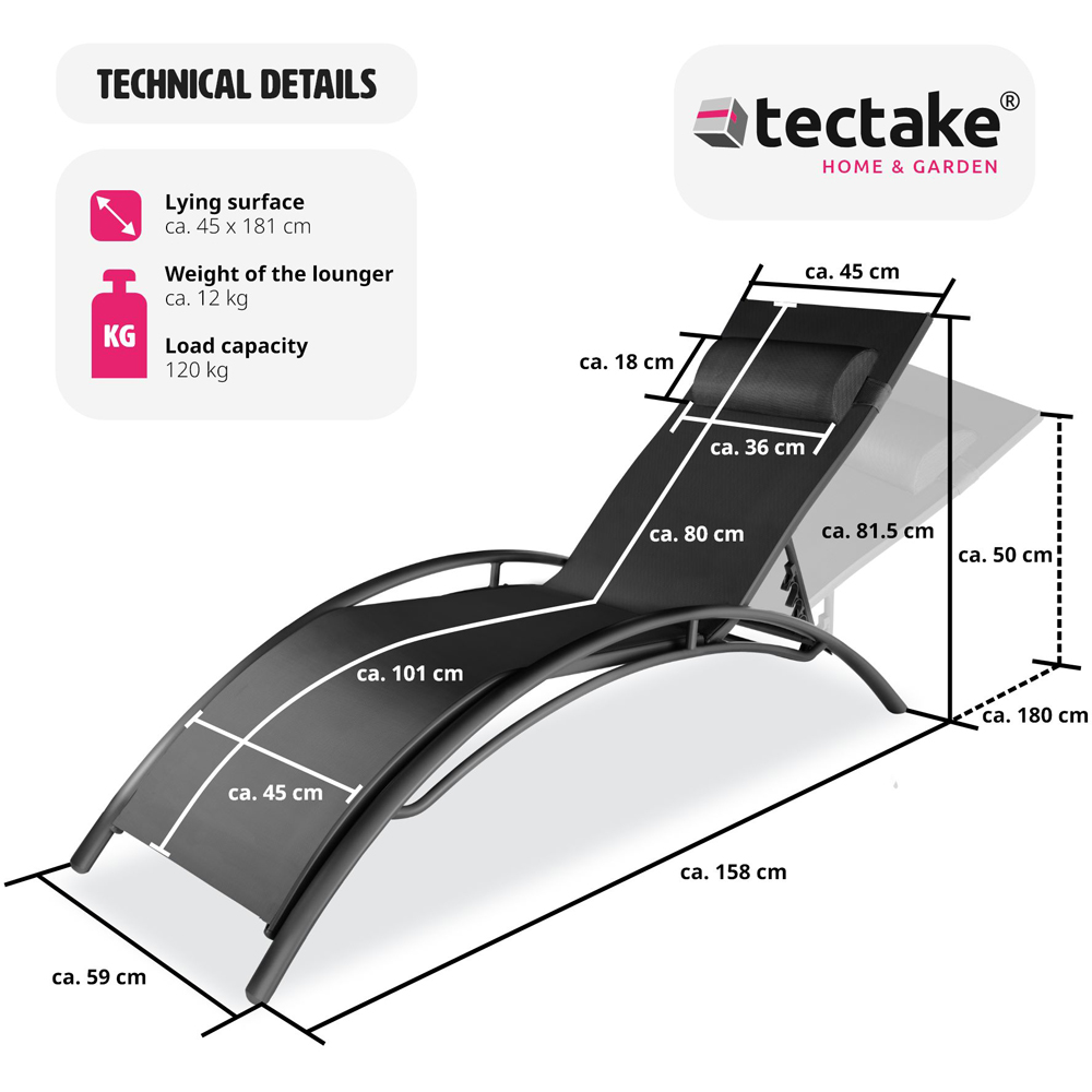 tectake Alina Set of 2 Black 5 Step Backrest Sun Lounger with Head Cushion Image 8